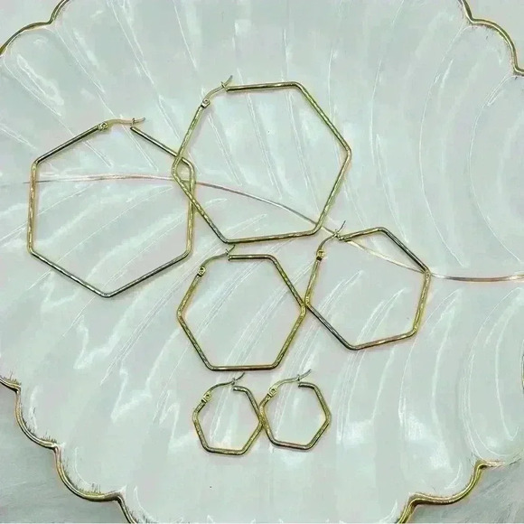Hexagonal Gold-plated Hoops 3 pair set - Picture 4 of 4